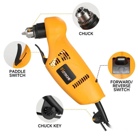 Three Eighths Inch Right Angle Drill 3.8 Amp Corded Power Drill With Variable Speed 0 To 1400 RPM Forward And Reverse Switch
