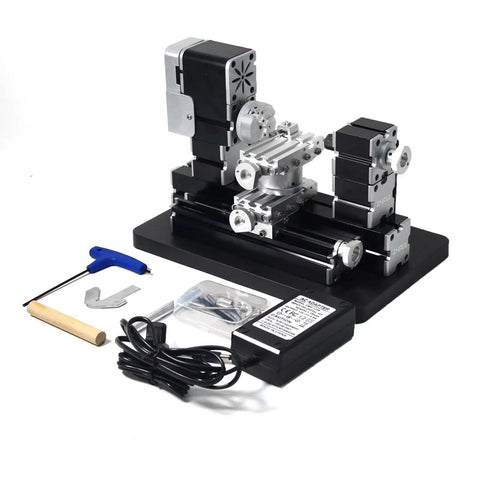 AcmeFlare 4 Axis All Metal Mini Lathe Machine 60W High Power for steel aluminum copper gold silver and wood precision milling, with tools.