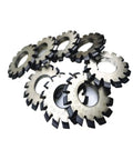 Eight HSS gear milling cutter discs with black teeth and central holes.
