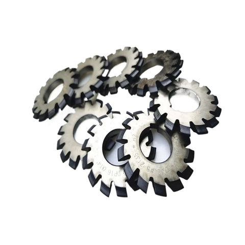 Eight HSS gear milling cutter discs with black teeth and central holes.