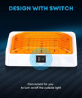 Bright 320 Lumen RV Exterior Porch Light With Switch 12V Replacement LED for Campers, amber lens, white base, switch detail