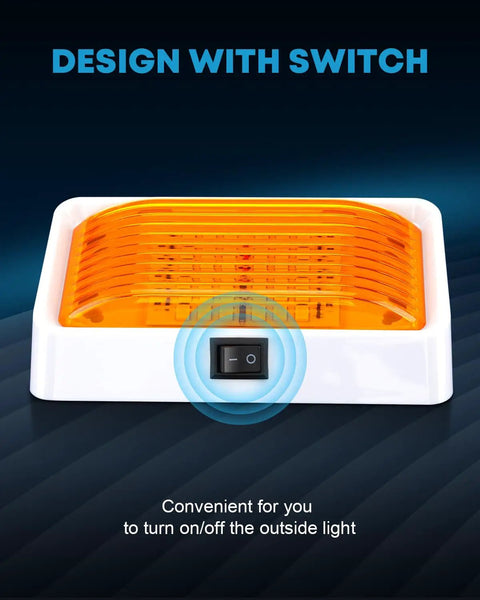 Bright 320 Lumen RV Exterior Porch Light With Switch 12V Replacement LED for Campers, amber lens, white base, switch detail