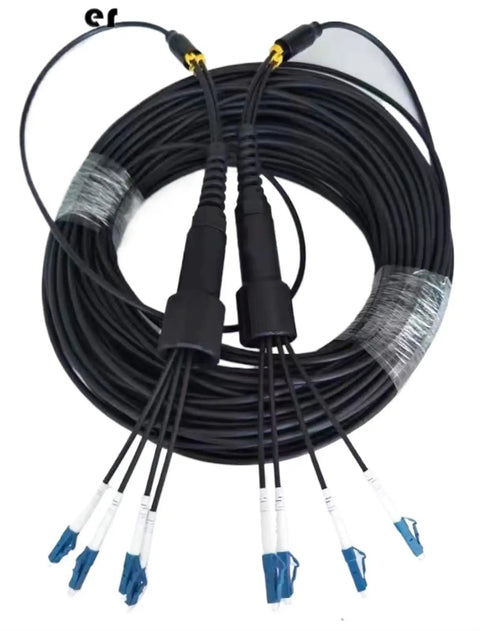 No Nonsense Heavy Duty 300 Meter Fiber Optic Patch Cord featuring 8 Core FC To FC Connectors, waterproof TPU jacket, coiled cable.