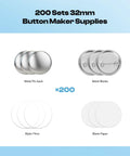 200 PCS 32mm Button Maker Supplies Kit With Metal Blanks, Pin Backs, Mylar Films And Pre Cut Papers Display