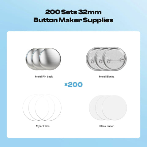 200 PCS 32mm Button Maker Supplies Kit With Metal Blanks, Pin Backs, Mylar Films And Pre Cut Papers Display