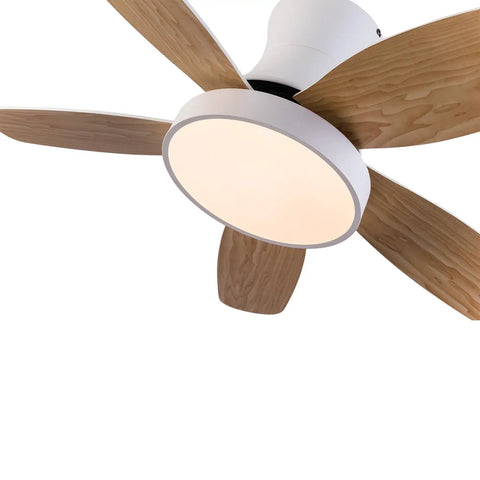 Ceiling Fan with Light 2200 Lumens 3 Color Temperature Flush Mount Indoor, top view with wood-tone blades and round white light.