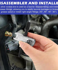 Hand using Beefy Grease Zerk Tool Set Two Pack 4 Way Fittings Removal Tools on automotive part, galvanized steel visible.