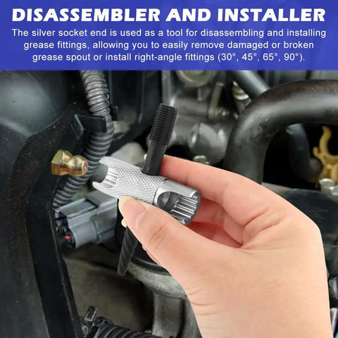Hand using Beefy Grease Zerk Tool Set Two Pack 4 Way Fittings Removal Tools on automotive part, galvanized steel visible.