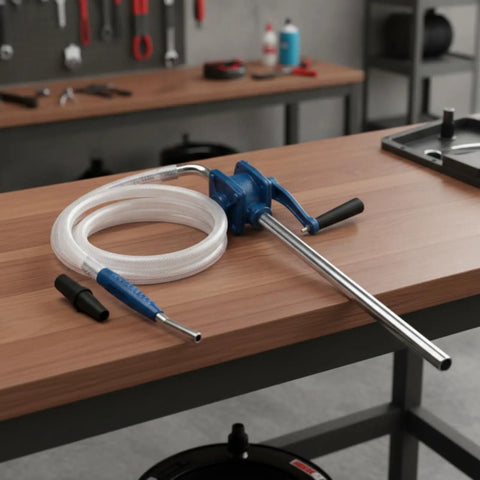 Super Handy Gralaria Manual Oil Transfer Pump For Mechanics And Garage Pros With 2M Hose Plus 32Cm Inlet Pipe on a workshop table.