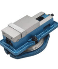 Three Inch Heavy Duty Milling Vise With Bullseye Precision Clamping showing the blue cast iron base and adjustable locking mechanism.