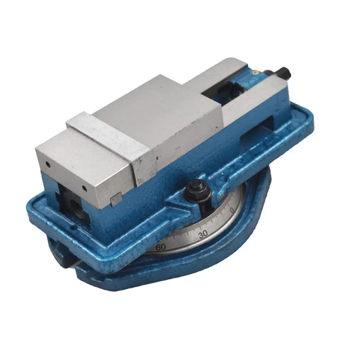 Three Inch Heavy Duty Milling Vise With Bullseye Precision Clamping showing the blue cast iron base and adjustable locking mechanism.