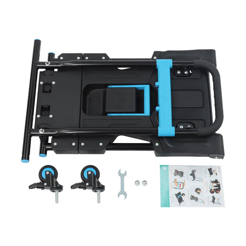 Two In One Folding Hand Truck Dolly Workhorse With Four Quiet TPR Wheels And 3 Level Adjustable Handle For Luggage Travel Office Moving Camping Outdoor Use Black Blue folded view with wheels and accessories