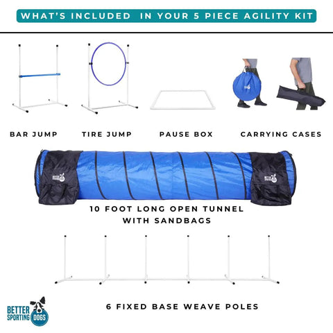 Backyard Dog Agility Starter Kit with 10 Foot Tunnel, Tire Jump, Bar Jump, Weave Poles, Sandbags, Pause Box for home training setup