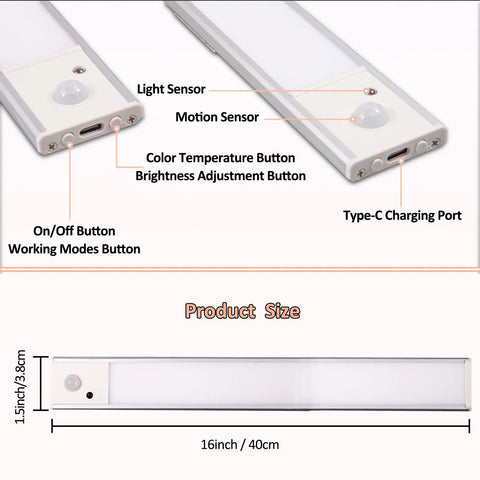 Diagram of 16 Inch Motion Sensor LED Under Cabinet Lights 3 Pack Rechargeable Magnetic Closet Lighting With 3 Color Temperatures, showing controls.