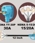 30 Amp RV and Generator Power Cord With TT-30P Male To Three 5-15R 5-20R T Blade Outlets LED Indicator Beefy 10 Gauge 12 Inch Extension Cable Up To 3750 Watts For Home Jobsite And Disaster Prep