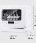 Compact Countertop Dishwasher With Six Place Settings And Five Wash Cycles, dimensions 440x413x424mm with plates inside.