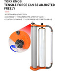 Manual Stretch Film Dispenser That Makes Wrapping A Breeze With Adjustable Torque Clamps For Easy Pallet Wrapping Fits 157mm Film Core 500mm Wide Ideal For Supermarkets Fruit Shops Hotels And Home Use showing tensile force adjustment knob