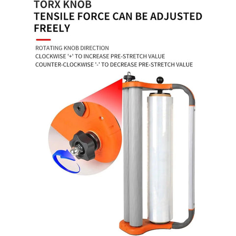 Manual Stretch Film Dispenser That Makes Wrapping A Breeze With Adjustable Torque Clamps For Easy Pallet Wrapping Fits 157mm Film Core 500mm Wide Ideal For Supermarkets Fruit Shops Hotels And Home Use showing tensile force adjustment knob