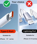 Comparison of Type-C port and Lightning port showing compatibility with iPhone 17 series and 13-14 series respectively