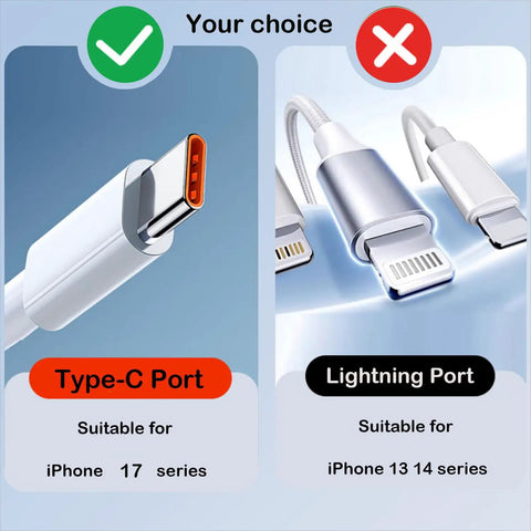 Comparison of Type-C port and Lightning port showing compatibility with iPhone 17 series and 13-14 series respectively