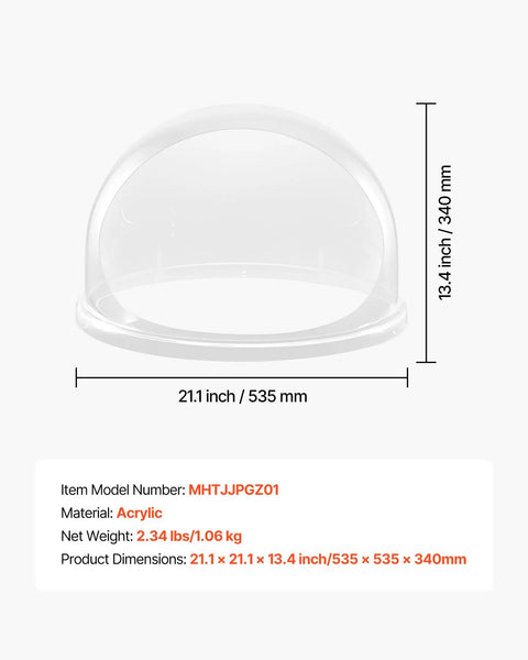 Clear Acrylic Dome Shield For Cotton Candy Machine, 21 Inch Bubble Cover shown with dimensions and details