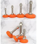 Kick The Wobble Outta Your Setup With These Adjustable Furniture Feet And Leveling Glides Featuring Rock Solid Heavy Base Carbon Steel Legs And M12x100mm Thread For Shelves Cabinets, showing various sizes with orange rubber bases.