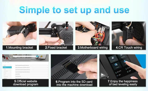 Installation steps for Auto Bed Leveling Sensor Kit For 3D Printers With Metal Push Pin CR Touch Compatible, including wiring and setup.