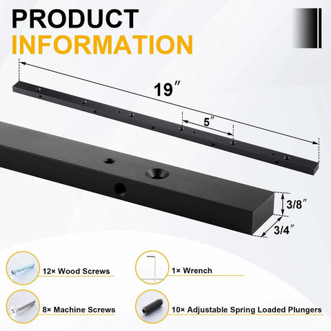 Premium Aluminum Miter Bars 3 4 By 3 8 By 19 Inch Table Saw Runners Router Table Sliders with dimensions and hardware details.