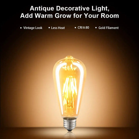 LED Edison Bulbs Dimmable Amber Glass Warm 2700K Antique Vintage Style Filament Light Bulbs 40W Equivalent E26 Base 6 Pack Old School Retro Vibe For Home Decor Mood Lighting showcasing vintage glow