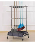 26 Inch Stainless Steel Broom And Mop Holder Rack With Built In Water Basin, Heavy Duty Cleaning Tool Organizer For Buckets And Bottles