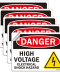 Heavy Duty Danger High Voltage Warning Signs Five Pack Tough As Nails Weatherproof Electrical Shock Hazard Decals For Indoor Outdoor Work Sites Built To Handle The Hustle And Keep Things On Point, displayed in five overlapping decals.