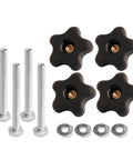 Top Shelf T Track Knob Kit With Tough Five Star Handles And 1/4 20 Thread Hex Bolts Plus Flat Washers 12 Piece Set components laid out.