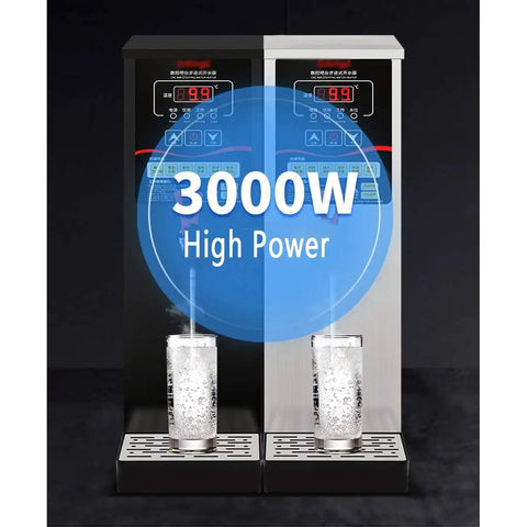 Heavy Duty 3000W Commercial Step By Step Electric Water Dispenser With Led Panel 304 Stainless Steel Inner Tank showing two units with glass.