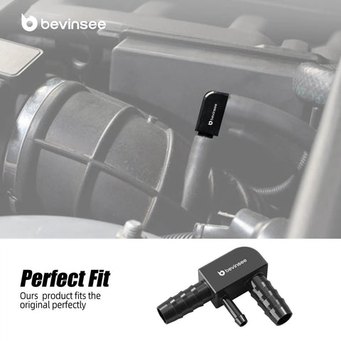 Beefed-Up Aluminum Vacuum Hose F Connector For M54 BMW Engines E39 replacement displayed near engine