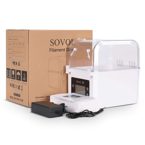 Moisture Busting Filament Dehydrator Dry Box with Upgraded Fan for 3D Printing, shown with packaging and power adapter.