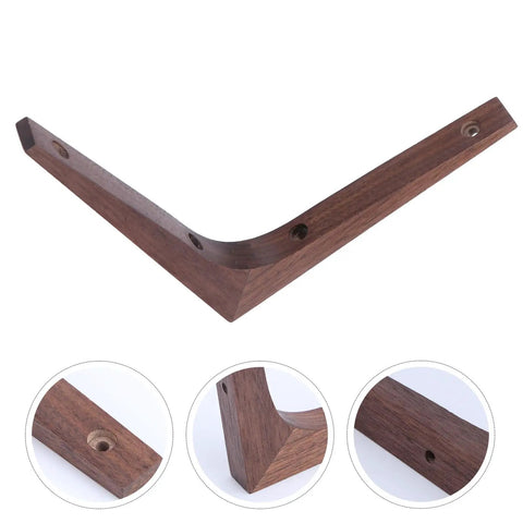 Built Like A Tank Walnut Wood Corner Shelf Brackets For Wall Mounted Displays Heavy Duty Support Braces with a curved design, showing screw holes.