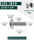 Top Shelf Heavy Duty Truss Head Machine Screws, Phillips Drive, 1/4-20 By 3/4 Inch, 18-8 Stainless Steel 304, Rust Free Bright Finish detailed size info.