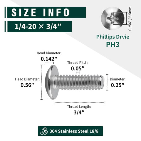 Top Shelf Heavy Duty Truss Head Machine Screws, Phillips Drive, 1/4-20 By 3/4 Inch, 18-8 Stainless Steel 304, Rust Free Bright Finish detailed size info.