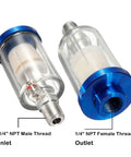 Water Oil Separator Filter Set For Spray Guns And Air Compressors One Quarter Inch NPT showing inlet and outlet threads, aluminum housing