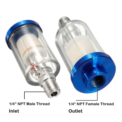 Water Oil Separator Filter Set For Spray Guns And Air Compressors One Quarter Inch NPT showing inlet and outlet threads, aluminum housing