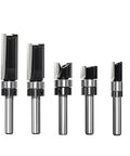Five Piece Top Bearing Flush Trim Router Bit Set With Carbide Tipped 1/4 Inch Shank For Pattern And Template Routing Engraving