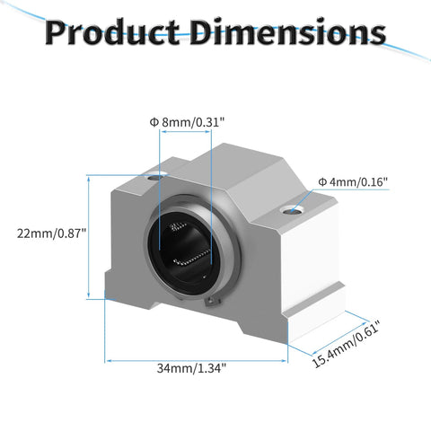 SCV8UU Linear Ball Bearings 8mm ID 34mm Length Box Type Aluminum Slide Block with Double Seal 4 Pack dimensions diagram