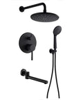 UMJIGF Shower System with Tub Spout, Black Shower Faucet Set 8 Inch Brass Shower Combo Set Wall Mounted Mixer Shower with 3 Mode Handheld Shower, Abs Shower Head, Embedded Box view of black shower faucet components.