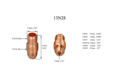 Pro TIG Collet Bodies 13N28 3/32 Inch 2.4 Millimeter Orifice Fits PTA DB SR WP 9 20 25 Welding Torch copper body with measurements