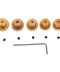 5 Piece Top Shelf Iron Reduction Gear Kit For Climbing Car Motors Featuring Hardcore Heavy Duty Cogs And Slick Precision Drive Stable Replacement Parts For Tough Rc Trucks, showing golden steel gears with various sizes.