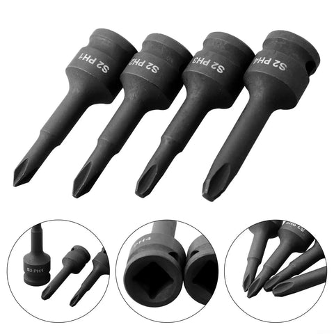 Rock Solid Chrome Steel 3/8 Inch Square Drive Phillips Socket Adapter Kit With PH1 PH2 PH3 PH4 Bits Perfect For Heavy Duty Torque And Smooth Workshop Work, PH1-PH4 bits
