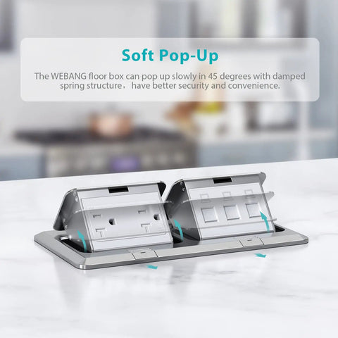 Dual Pop Up Floor Box Kit with 20A Tamper Resistant Duplex Outlet and 3 Port RJ45 in brushed nickel, kitchen setup