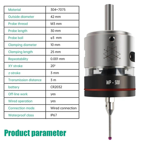 CNC Edge Finder WP500 High Accuracy 0.001mm Trigger Locator in tungsten steel, aluminum alloy, with parameters shown.