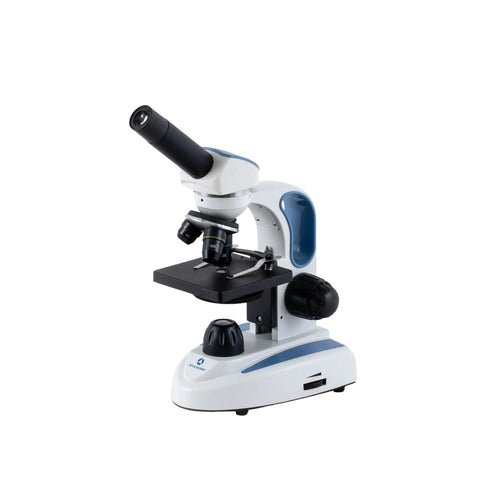 Side view of Student Compound Microscope EXM50 With Monocular Head 40x To 400x Magnification Easy Coarse Focus Cordless LED Illumination