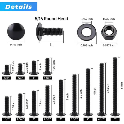 20 Piece Top Notch Carriage Bolt Kit With Hex Nuts And Flat Washers 5 16 by 1 1 2 304 Stainless Steel Black Coated Square Neck Fasteners detail with sizes and dimensions.
